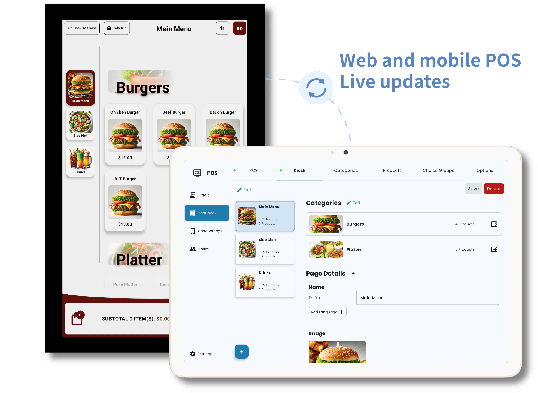 Manage kiosk menu with tablet and laptop