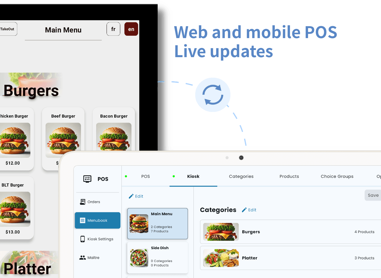 Manage kiosk menu with tablet and laptop